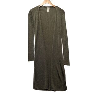Chico's Metallic Ribbed Longline Cardigan Duster‎ Sweater Size 1 Olive Gold